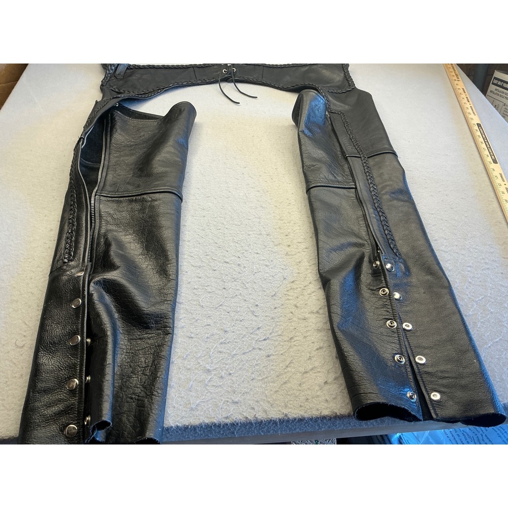 Bonus Vintage Leather Motorcycle Chaps Braided Trim Black S Biker Riding READ